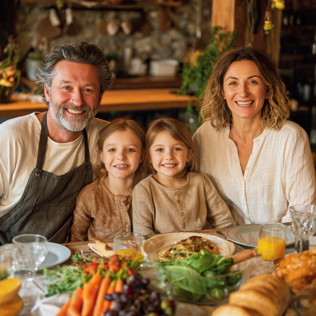 Mosolygó középkorú magyar család egészséges étellel terített asztalnál ül